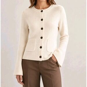 Pistola Cardigan Sweater XS Cream Button Front Stretchy Knit Pockets Bell Sleeve